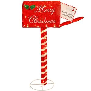 Lulu Home Christmas Yard Light Decorations, 34 Inch Merry Christmas Red Letter Box with 50 LEDs Warm White Lights, Light Up Tinsel Mailbox for Christmas Indoor Outdoor Yard Decorations
