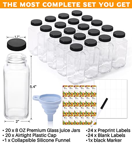 MIUKAA (20 Pack) 8 oz Glass Juicing Bottles with Reusable Lids, Drinking Jars with Airtight Black Caps, Clear Glass Travel Drink Containers – Not Losing Flavor | The Storepaperoomates Retail Market - Fast Affordable Shopping