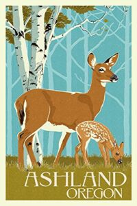 Ashland, Oregon, Deer and Fawn, Letterpress (Giclee Gallery Print, 16×24, Wall Decor Travel Poster)