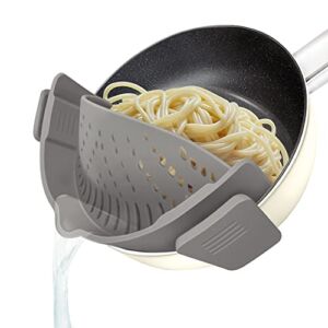 YEVIOR Clip on Strainer for Pots Pan Pasta Strainer, Silicone Food Strainer Hands-Free Pan Strainer, Clip-on Kitchen Food Strainer for Spaghetti, Pasta, Ground Beef Fits All Bowls and Pots – Grey
