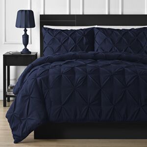 Double Needle Durable Stitching Comfy Bedding 3-piece Pinch Pleat Comforter Set All Season Pintuck Style (King, Navy Blue)