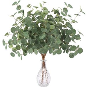 FUNARTY 6 Pcs Artificial Eucalyptus Leaves Long Stems 25″ Tall with 80 Leaves Fake Silver Dollar Eucalyptus Plant Greenery Stems Branches for Farmhouse Vase Bouquets Wedding Greenery Decor