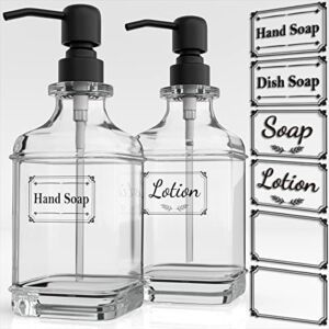 GLADPURE Soap Dispenser – 2 Pack, 18 Oz Antique Design Thick Glass Hand Soap Dispensers; with 304 Rust Proof Stainless Steel Pump, 6Pcs Clear Stickers, for Kitchen, Bathroom – Black