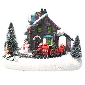 BESTOYARD Christmas House Village Snow River Santa Claus Train Scene LED Lighting Battery Operated LED Light Up Christmas Decoration Music Rendering Without Battery