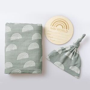 100% Organic Cotton Muslin Blanket| Sage Green Rainbow Baby Swaddle Set| Newborn Boy Girl Unisex Neutral| Boho Vintage Monthly Picture Blanket
