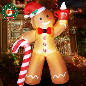 Hiboom 8 ft Inflatable Christmas Gingerbread Man with Candy Cane, Christmas Inflatables Yard Decorations with Built in LED Lights, Cute Blow Up Xmas Decor for Outdoor Garden Lawn Party