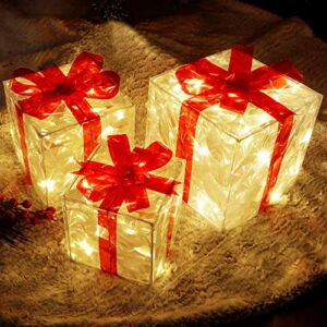 Lulu Home Christmas Lighted Boxes, Set of 3 60 LED Light Up Decor Outdoor, Light Up Christmas Boxes Present Decorations Outdoor Yard