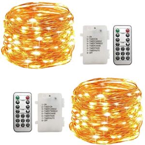 WSgift 2 Pack 20 Feet 60 Warm White Led Fairy Lights Battery Operated with Remote Control Timer Waterproof Silver Copper Wire Twinkle String Lights for Party Bedroom Wedding Christmas Decorations