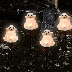 Pallerina Halloween Pathway Light with 4 C7 Clear Bulbs Lights White Ghost Stakes Light for Outdoor Walkway Decor, Ghost Halloween Pathway Marker Lights for Walkway, Driveway, Yards, Garden, Lawn