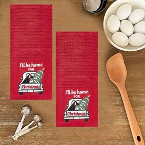 Winter Wonder Lane Kitchen Towel Set of 2, I’ll Be Home for Christmas, Tinsel Town Collection, Embroidered Retro Truck with Black Dog on Soft Cotton Waffle Style Red Towels, 16 x 26 Inches