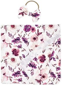 Baby Swaddle Blanket Newborn Girl Swaddle and Headband Set Purple Flowers Floral Print Wrap Shower Gift