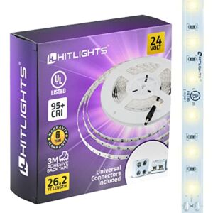 HitLights 24V LED Strip Lights 3000K 26.2ft cuttable Tape Backed 3oz PCB – UL Listed, 6 Year Warranty, 1325 lumens per Meter, 95+ CRI, Indoor Rated with Universal connectors Included
