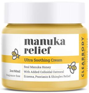 Manuka Relief Cream for Eczema Psoriasis Shingles Prone, Dry Skin- Colloidal Oatmeal & Manuka Honey- Clean, Soothing Ointment for Kids, Adults, Baby- Plant Based Formula Treatment