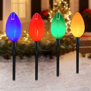 C9 Christmas Pathway Stake Lights, 7Ft Christmas Pathway String Lights with 4 Jumbo C9 Multicolor Bulbs, Stake, Christmas Decorations Driveway Markers Lights for Outdoor Garden Walkway Party Lighting