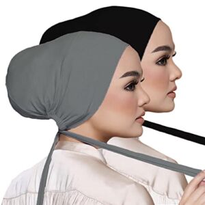 Women Under Scarf Hat Hijab Cap Islamic Muslim Under Scarf Hijab Cap with Tie-Back Closure (Black+Dark Gray(2pcs))