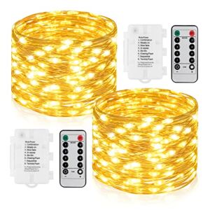 STARKER 2X 100 LED Battery Fairy Lights on 36ft Waterproof String, incl. Remote (Dimmable, 8 Mode, Timer), Copper Wire, Warm White