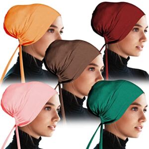 5 Pieces Under Head Caps Hijab Scarf Hat Turban Stretch Tie Back Closure Chemo Bonnet Dreadlocks Head Wrap Women Set A