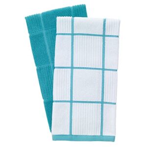 T-Fal Textiles 60967 2-Pack Solid & Check Parquet Design 100-Percent Cotton Kitchen Dish Towel, Breeze, Solid/Check-2 Pack, 2 Count
