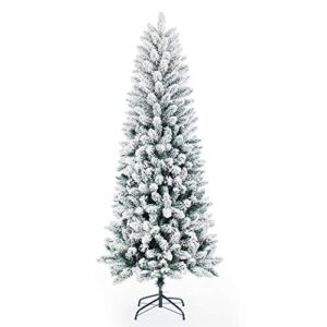 Artificial Christmas Trees,Classic Pencil Tree with White Snow Flocked,Unlit 5/6/7FT