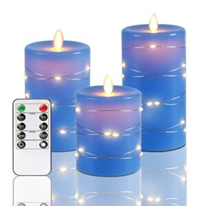 Fanzir Blue Flameless Candles Battery Candle with String Lights Battery Powered LED Pillar Flickering Candles 4” 5” 6” Candles with Remote Control and Timer Set of 3