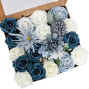 Whonline Dusty Blue Flowers Combo Artificial Flowers Fake Roses Heads for DIY Wedding Bouquets Kissing Balls Centerpieces Party Baby Shower or Home Decoration (22pcs Dusty Blue & White)