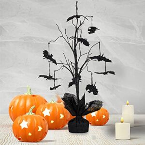 Cokle Halloween Small Tree, Tabletop Glittered Black Tree with 10 Pcs Bats Decoration for Party, Home Decor 17inch