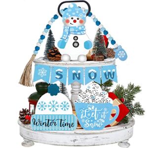9 Pieces Winter Tiered Tray Decor Set Christmas Tiered Tray Decor Blue Hello Winter Sign Christmas Snowflake Table Wood Sign Farmhouse Tabletop Signs for Winter Home Table Christmas Holiday