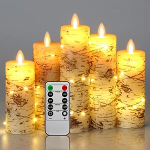 Flameless Candles LED Candles Hand Painted Birch Bark Recessed String Candles Set of 5 (Heights: 4″, 5″, 6″, 7″, 8″) Da by Battery Powered Candles with Dancing LED Flame 10 Button Remote Control