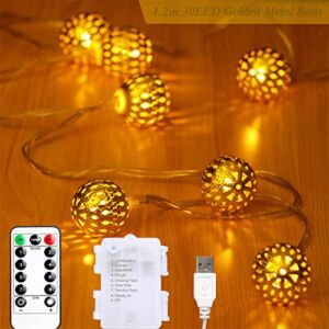 Anlaibao Moroccan String Lights, 17ft 30 LED Big Metal Globe Lights with Remote Timer,Indoor Outdoor Battery Operated & USB Powered,Gold Ball Warm White Fairy Light for Bedroom Garden Party Decoration