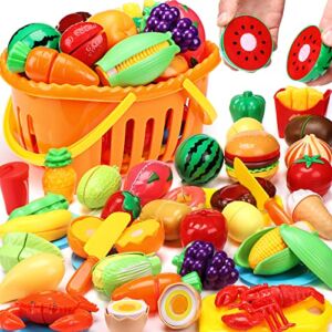 88PCS Cutting Play Food Sets for Kids, Pretend Play Kitchen Toys Accessories with Storage Basket, Plastic Fruits & Vegetables, Educational Toy for Toddlers Girls Boys Birthday Gifts