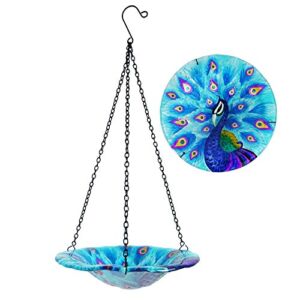 Comfy Hour Spring is Here Collection 8″ Glass Tray Metal Art Peacock Plate Hanging Bowl Bird Feeder Birdbath, Total Height 17″ Including Chain