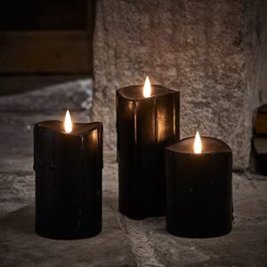 Lights4fun, Inc. Set of 3 TruGlow Black Wax Flameless LED Battery Operated Pillar Candles with Timer & Dripping Wax Effect