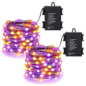 Lomotech Orange Purple Halloween Lights, 16.4ft 50 LED Oversize Lamp Beads Battery Orange Purple Lights with Timer Function, 8 Modes Waterproof Twinkle Fairy Lights for Halloween Decorations 2 Pack