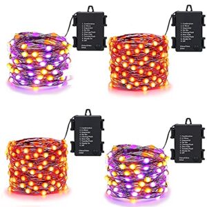 Lomotech 4Pack Battery Halloween Lights, 16.4ft 50 LED Oversize Lamp Beads Battery Orange Lights with Timer Function, 8 Modes(Purple&Orange+ Orange)