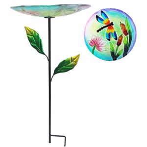 Comfy Hour Travel on Wings Collection 24″ Dragonfly Reed Bulrush Flower Glass Birdbath Birdfeeder Metal Art Garden Stake with Leaves