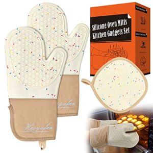 HaoYuFan Silicone Oven Mitts and Pot Holders Sets, Double Layer High Temperature Resistant Hot Pads and Oven Mitts, Cotton Lined Pot Holders and Oven Mitts Sets for Cooking, Grilling etc, Beige 3 Pcs