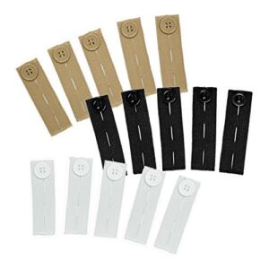 Elastic Waist Extenders (15-Piece Color Variety Pack) – Strong Adjustable Pants Button Extenders in Black, White and Khaki by Comfy Clothiers