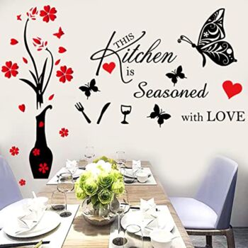 Kitchen Wall Decor Stickers Kitchen Quotes this Kitchen is Seasoned with Love Red Heart Butterfly Wall Sticker Removable Wall Decals Vase Wall Art Sticker for Dinning Room Kitchen Restaurants Home Wall Decorations. | The Storepaperoomates Retail Market - Fast Affordable Shopping