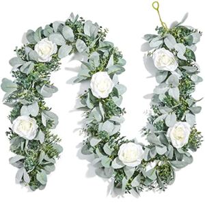 Miracliy 6 Ft Eucalyptus Garland with Flowers, Lambs Ear Greenery White Roses Flower Garland Fake Vines for Wedding Boho Table Mantle Backdrop Party Farmhouse Home Decor