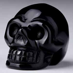 DUQGUHO Black Obisdian Stone Skull Decor Figurines Natural Carved Healing Crystal Stones Sculpture Fake Skull Statue Decoration for Halloween Home Office Haunted Spooky Decor 1.5″