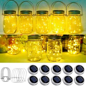 Solar Mason Jar String Light Lids, 10 Pack 20 LED Fairy Firefly String Light Inserts with 10 Hangers Starry Lighting for Patio Lawn Garden Wedding (Warm White)