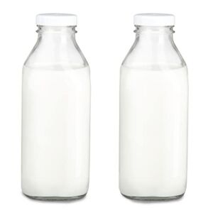 Ilyapa 33.8 oz Glass Milk Bottle with Plastic Lid – Pack of 2 – Vintage style Glass Milk Bottle with Cap for Milk, Kombucha, Juice, Water – Larger than 1 Quart