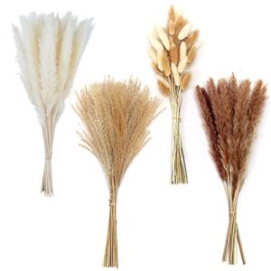 FOTEEWL 120 Pcs Dried Pampas Grass 18 inch Small Pompous Grass for Vase Flower Arrangement Boho Decor – Pampas Grass, Reed, Bunny Tails Grass (White & Natural)