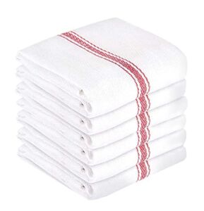 Nouvelle Legende Cotton Kitchen and Dish Towels, 14 x 25 Inches, White with Red Herringbone Stripes, 6 Pack