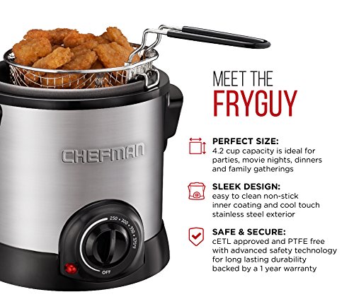 Chefman Fry Guy Deep Fryer with Removable Basket, Easy-to-Clean Non-Stick Coating and Cool-to-Touch Exterior, Adjustable Temperature Control, 4.2 Cup/ 1 Liter Capacity, Stainless Steel | The Storepaperoomates Retail Market - Fast Affordable Shopping
