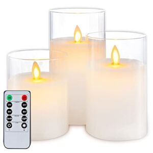 5plots Pure White Flickering Flameless Candles, Battery Operated Glass LED Pillar Candles with Remote Control and Timer, Moving Flame, Wax, Set of 3