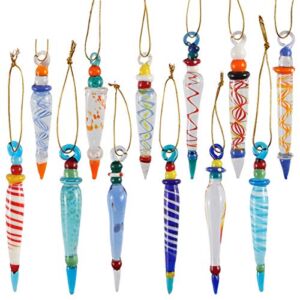 JOYIN 12Pcs Colorful Glass Icicle Ornaments with Crystal Line for Christmas Tree Decorations, 3.54-3.7″ Xmas Tree Hanging in 12 Different Designs