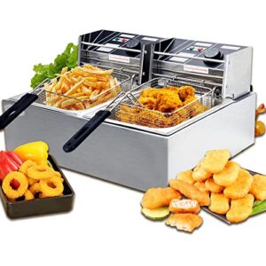 Deep Fryer with Double Basket 2x8L, 16 Liter Deep Commercial Fryers Electric Stainless Steel with 2 Baskets Large Countertop French Fries for Turkey French Fries Home Kitchen Restaurant Sliver, 22.4 x 17.7 x 12.2 inches