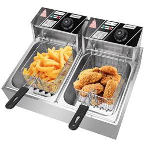 ROVSUN 22.8QT/21.6L Electric Deep Fryer w/ Baskets & Lids, Countertop Commercial Stainless Steel Dual Tank Kitchen Fat Fryer Frying Machine for French Fries, Donuts, Adjustable Temperature, 5000W