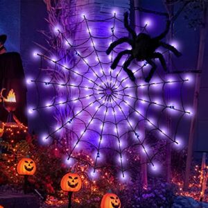 Mailuna 96 Led Lighted Spider Web Halloween Decoration 1 Large Black Spider and 8 Small Spiders 3.28 Feet Diameter Waterproof Purple Spider Web Lights, Bars, Haunted Houses.